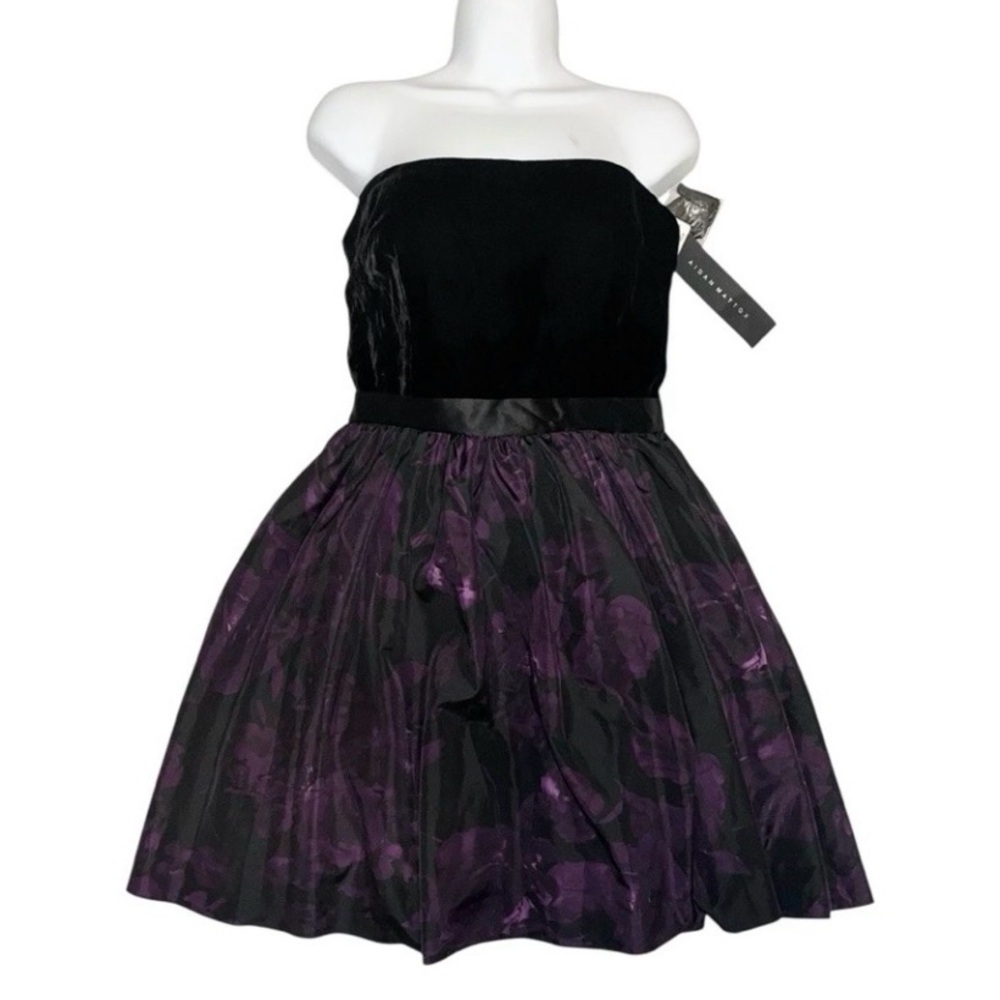 Aidan Mattox Strapless Dress | Black Velvet & Purple Floral Skirt | Size 6